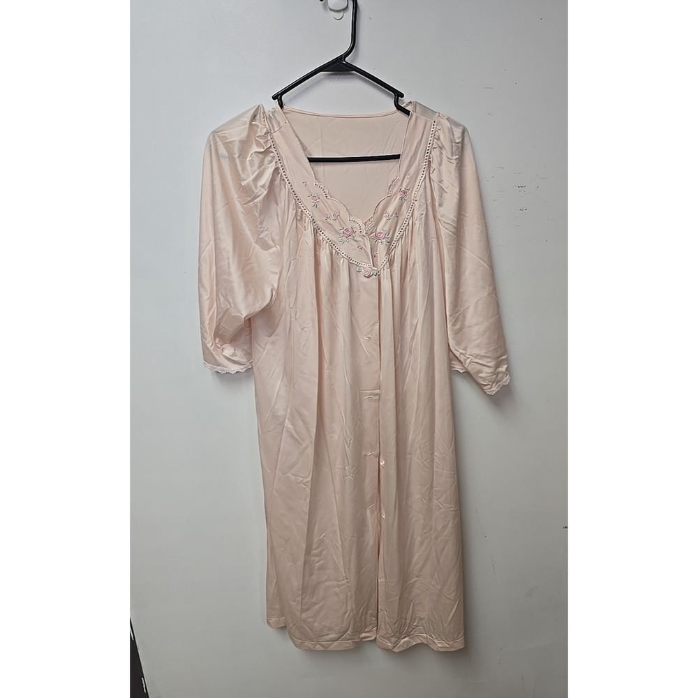 Vtg ShadowLine Peach Embroidered Floral Nightgown Housecoat Womans Size Large